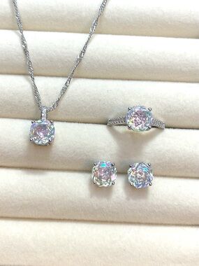 Silver Mystic Rainbow Reflects Jewelry Set - Necklace, Ring & Stud Earrings